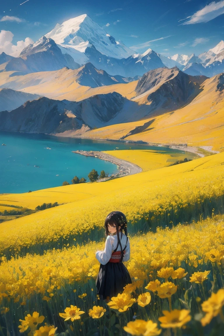 (mejor calidad), 4k, ilustración del paisaje, Qinghai, Templo Kumbum, Flor de canola Menyuan, Lago Qinghai, Montaña Kunlun, Entusiasta de los viajes