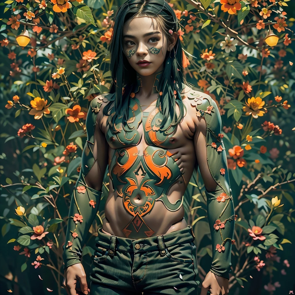 ((Modern metropolis in colors, cybernetic landscape in colors)). ((1 guy with an open face), (full height, slim muscular)).((young long black hair), (green:1.5, orange:1.1, white:1.3, yellow: 1.3 ), (rapper with dreadlocks), (tattoos), (naked parts of the body), (down jacket: 1,2), (Jacket on a naked body, torso, abs), (stylish jeans)). ((skulls, flowers, fruits),(fractal, Cherry blossoms, green leaves, Fog, background of circles)).((Ideal, beautiful), (pictorial background, broad strokes, attention to detail of the figure, flowers)). ((background octane render trending on artstation), (8k fine art photography, photorealistic concept art), (soft natural volumetric cinematic perfect light, chiaroscuro, award winning photography), (masterpiece)).