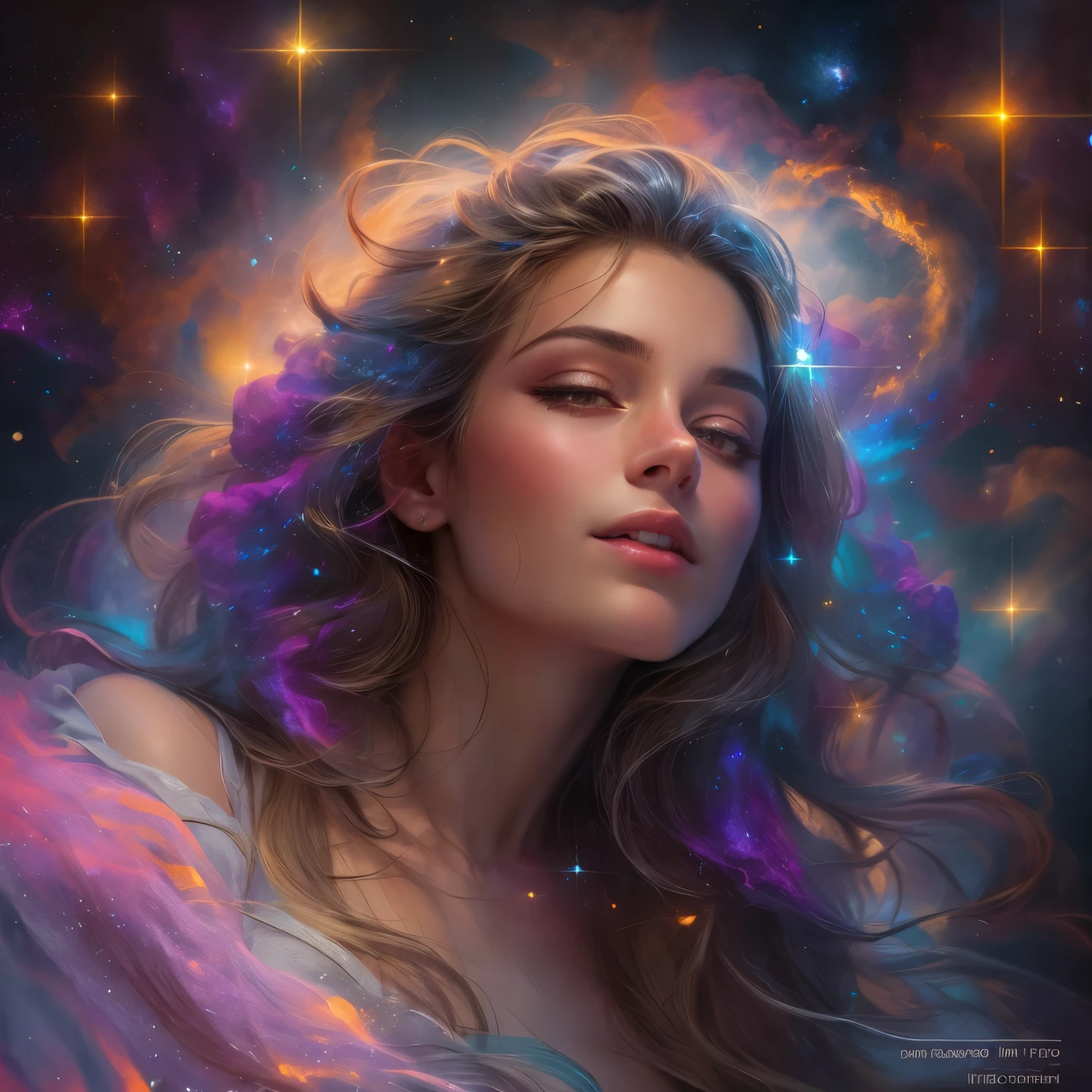 (Highest Quality,High Resolution,Masterpiece:1.2),Ultra-Detailed,(Realistic,Photorealistic,Photorealistic:1.37)(goddess of cosmic love:1.1,beautiful:1.1,astral body:1.1),divine goddess,celestial beauty,supernatural presence,spectacular cosmic entity,majestic celestial being,dazzling aura,ethereal radiance,transcendent elegance,(luminous energy:1.1),(immortal deity:1.2),heavenly grace,mystical attire,serene expression,golden hair flowing,(shimmering eyes:1.1),(ethereal beauty:1.1),magnificent celestial realm,divine love and compassion,colorful nebulae dancing in the background,glowing stardust particles floating around her,galaxies swirling around her as her divine power expands,infinite space stretching far beyond the horizon,hint of magic(twinkle of magic:1.1),cosmic rays bathing the scene in a celestial glow,(vibrant hues:1.1),(cosmic colors:1.1),soothing color palette,evoking feelings of peace and tranquility,majestic divine presence that fills the whole universe,magical atmosphere,(delicate details:1.1),fine brushstrokes creating intricate patterns,(ethereal strokes:1.1),(dreamlike strokes:1.1),highly detailed rendering of her celestial features,subtle gradients giving depth to the image,meticulously crafted textures that bring her to life,impeccably realistic portrayal,(impressive definition:1.1),(stunning realism:1.1),immaculate attention to detail as every strand of hair is visible,(impeccable photorealism:1.1),(ultra-detailed illustration:1.1),(masterpiece of art:1.1),perfectly composed composition with balanced lighting and shadows,soft yet vibrant illumination highlighting her divine beauty,magical glow emanating from her celestial body,subtle highlights and shadows adding depth and dimension,(sublime luminosity:1.1),(ethereal lighting:1.1),(radiant glow:1.1),(harmonious lighting:1.1)