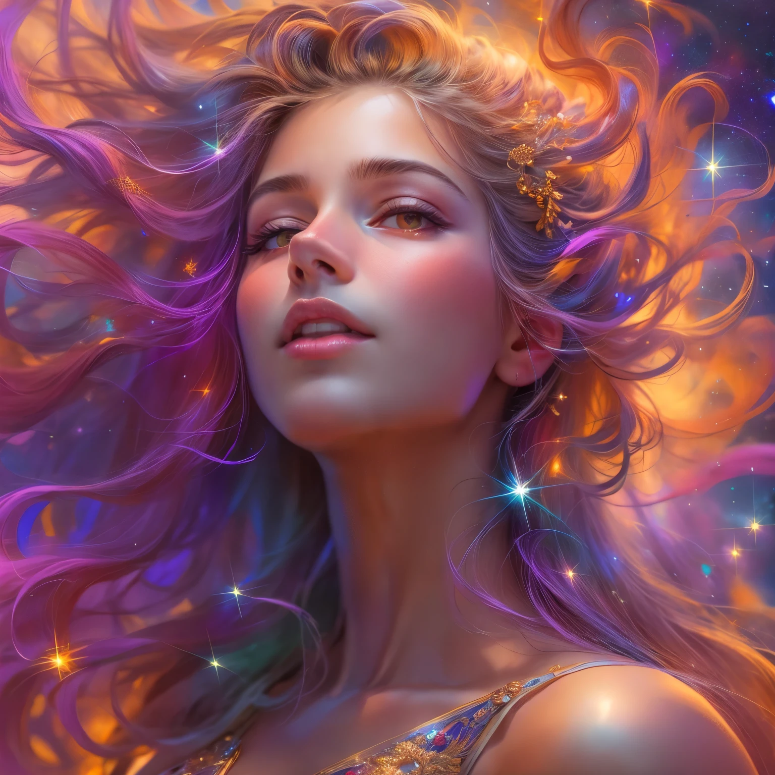 (Highest Quality,High Resolution,Masterpiece:1.2),Ultra-Detailed,(Realistic,Photorealistic,Photorealistic:1.37)(goddess of cosmic love:1.1,beautiful:1.1,astral body:1.1),divine goddess,celestial beauty,supernatural presence,spectacular cosmic entity,majestic celestial being,dazzling aura,ethereal radiance,transcendent elegance,(luminous energy:1.1),(immortal deity:1.2),heavenly grace,mystical attire,serene expression,golden hair flowing,(shimmering eyes:1.1),(ethereal beauty:1.1),magnificent celestial realm,divine love and compassion,colorful nebulae dancing in the background,glowing stardust particles floating around her,galaxies swirling around her as her divine power expands,infinite space stretching far beyond the horizon,hint of magic(twinkle of magic:1.1),cosmic rays bathing the scene in a celestial glow,(vibrant hues:1.1),(cosmic colors:1.1),soothing color palette,evoking feelings of peace and tranquility,majestic divine presence that fills the whole universe,magical atmosphere,(delicate details:1.1),fine brushstrokes creating intricate patterns,(ethereal strokes:1.1),(dreamlike strokes:1.1),highly detailed rendering of her celestial features,subtle gradients giving depth to the image,meticulously crafted textures that bring her to life,impeccably realistic portrayal,(impressive definition:1.1),(stunning realism:1.1),immaculate attention to detail as every strand of hair is visible,(impeccable photorealism:1.1),(ultra-detailed illustration:1.1),(masterpiece of art:1.1),perfectly composed composition with balanced lighting and shadows,soft yet vibrant illumination highlighting her divine beauty,magical glow emanating from her celestial body,subtle highlights and shadows adding depth and dimension,(sublime luminosity:1.1),(ethereal lighting:1.1),(radiant glow:1.1),(harmonious lighting:1.1)