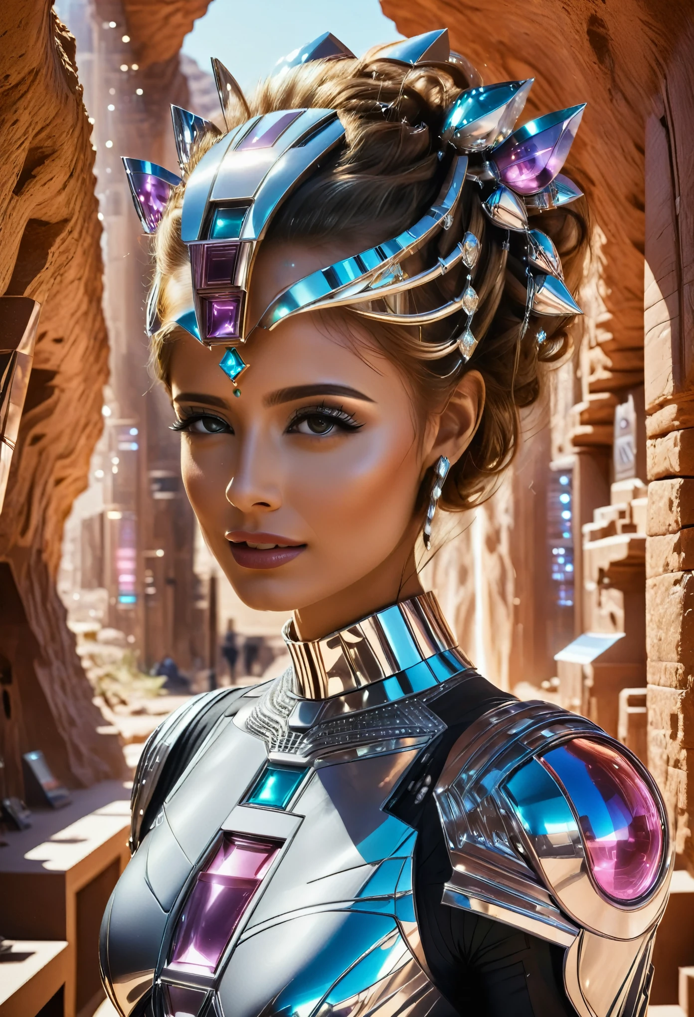 astronaut indian young influencer lady, a cyborg Indian . She stands gracefully, adorned in traditional Indian attire with a vibrant lehenga, with glass helmet adorned with jewells, a shimmering maang tikka adorning her forehead, and distinctive hitech cyborg cyber eyes. Despite her mechanical enhancements, her demeanor exudes warmth and wisdom, embodying the perfect blend of tradition and technological advancement. As the protagonist approaches, they are captivated by the grandmother's presence and curious about her story. With a gentle smile, she welcomes them and begins to share tales of her adventurous life, seamlessly weaving together tales of her past and her futuristic augmentations. With each word, she leaves an indelible impression on the protagonist, reminding them that even in a world of advanced technology, the essence of humanity and cultural heritage remains deeply cherished. cyborg eye, artificial eye. cave cafe in antelope canyon, focus on detail of canyon friend eating inside of lobby antelope canyon like cafe of ((Masterpiece))underground cave city, gray rocky surface which is covered with a thick layer of dust, futuristic sci-fi masterpiece, cybernetic residential beehive pod architecture designs carved inside of grand canyon caves, luxury cafe, realistic ,intricate, detailed ,modern, neo cave centric design,rocks,blue fountain, waterfalls,desert caves, organic futurism, indigenous futurism,futuristic vision, architecture styles of Rem Koolhaas,Daniel Libeskind, Jean Nouvel, Paolo Soleri, upstairs, balconies, futuristic facades, trending on art station, beautiful lighting,masterpiece, fantasy, intricate, award winning, 4k, highest quality render model:Real , heart shaped architecture ((masterpiece)),((best quality)),((high detail)),((realistic,)) Futurist era city. upper body. short hair