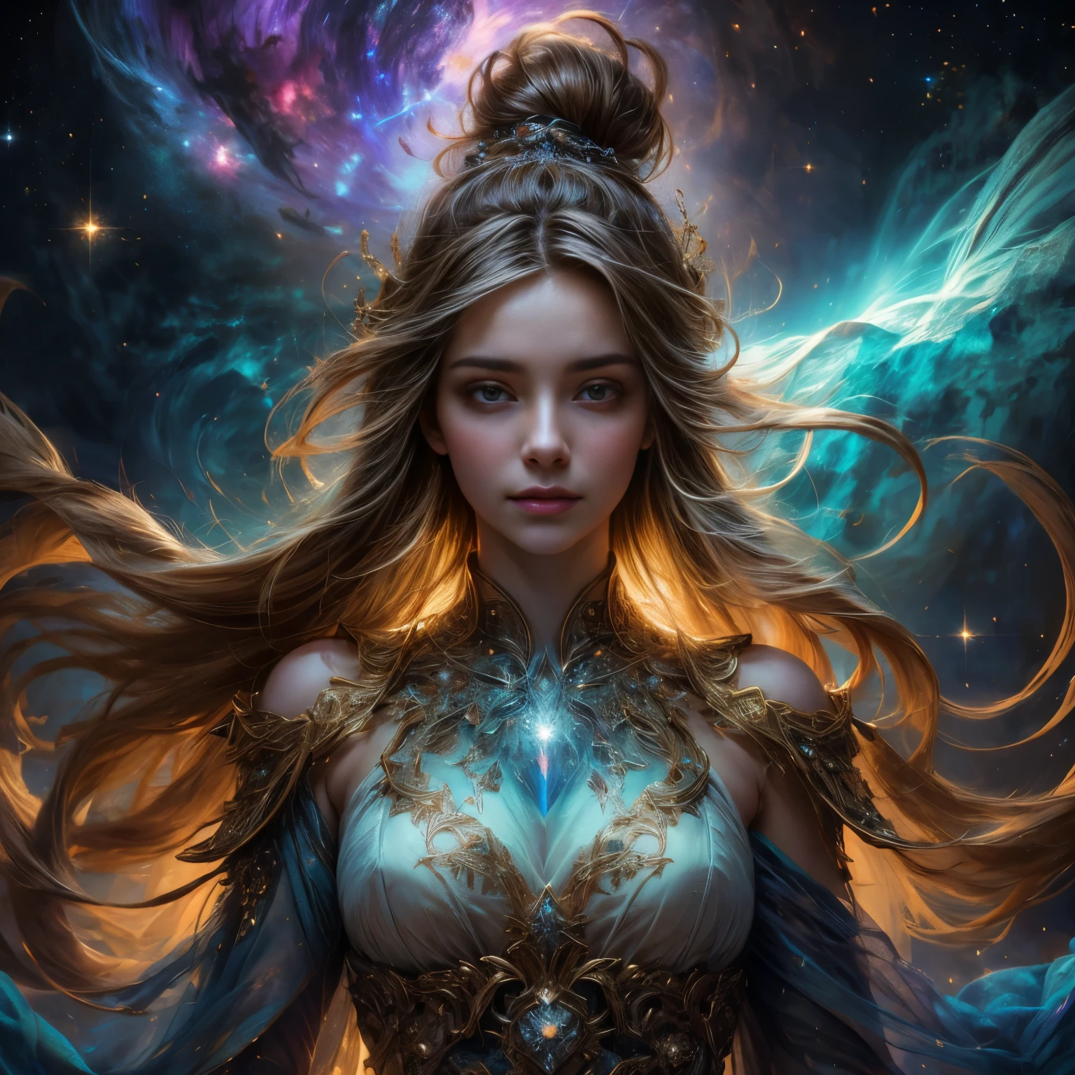 (Highest Quality,High Resolution,Masterpiece:1.2),Ultra-Detailed,(Realistic,Photorealistic,Photorealistic:1.37)(goddess of cosmic love:1.1,beautiful:1.1,astral body:1.1),divine goddess,celestial beauty,supernatural presence,spectacular cosmic entity,majestic celestial being,dazzling aura,ethereal radiance,transcendent elegance,(luminous energy:1.1),(immortal deity:1.2),heavenly grace,mystical attire,serene expression,golden hair flowing,(shimmering eyes:1.1),(ethereal beauty:1.1),magnificent celestial realm,divine love and compassion,colorful nebulae dancing in the background,glowing stardust particles floating around her,galaxies swirling around her as her divine power expands,infinite space stretching far beyond the horizon,hint of magic(twinkle of magic:1.1),cosmic rays bathing the scene in a celestial glow,(vibrant hues:1.1),(cosmic colors:1.1),soothing color palette,evoking feelings of peace and tranquility,majestic divine presence that fills the whole universe,magical atmosphere,(delicate details:1.1),fine brushstrokes creating intricate patterns,(ethereal strokes:1.1),(dreamlike strokes:1.1),highly detailed rendering of her celestial features,subtle gradients giving depth to the image,meticulously crafted textures that bring her to life,impeccably realistic portrayal,(impressive definition:1.1),(stunning realism:1.1),immaculate attention to detail as every strand of hair is visible,(impeccable photorealism:1.1),(ultra-detailed illustration:1.1),(masterpiece of art:1.1),perfectly composed composition with balanced lighting and shadows,soft yet vibrant illumination highlighting her divine beauty,magical glow emanating from her celestial body,subtle highlights and shadows adding depth and dimension,(sublime luminosity:1.1),(ethereal lighting:1.1),(radiant glow:1.1),(harmonious lighting:1.1)