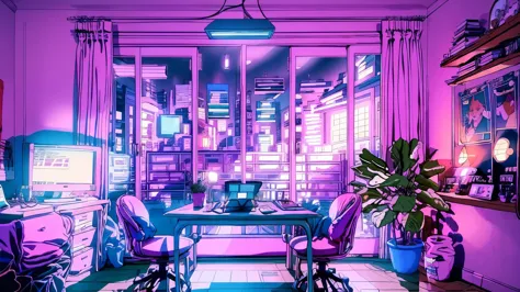 girls are traders, pink theme, style anime, computer, living room, in the computer screen is chart stock night light , (very det...