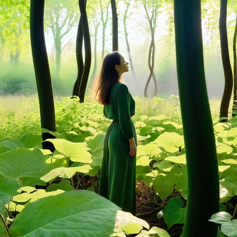 a brunette woman stands at the edge of a vast forest, des arbres imposants bloquent toutes les traces de soleil., soudain  un petit espace, dans la canopée, un faisceau d'éclat doré, filtre sur le sol,  a clearing filled with vibrant greenery, climbing plants clinging to tree trunks like ivy, des plaques de mousses couvre le sol, The air is thick with humidity and rich earthy scents, a feeling of peace and wonder comes over you