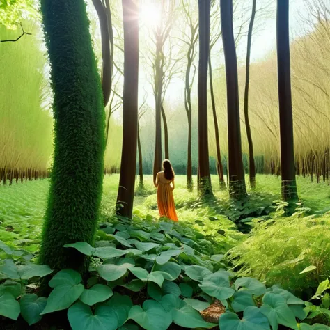 a brunette woman stands at the edge of a vast forest, des arbres imposants bloquent toutes les traces de soleil., soudain  un pe...