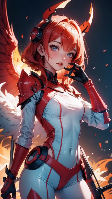 Cute Girl, ridiculous resolution, High resolution, (masterpiece: 1.4), Ultra-detailed, And me, Red armor and red wings, Flying i...