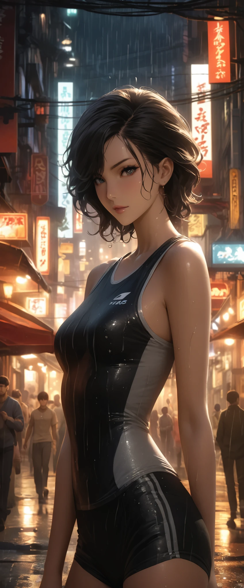 nuit pluvieuse,Ville,Dans les rues animées de Gintama，Portez des vêtements de sport、Belle fille portant un maquillage épicé, entouré de commerçants, beau portrait d&#39;une superbe fille déesse, Visage beau et délicat, peau de porcelaine, tir de tout le corps, centre, éclairage ultra doux, symétrie, Complexe, élégant, très détaillé, réaliste, Station artistique, art conceptuel, lisse, comme imaginé par Greg Rutkowski et Borris Vallejo, couverture, style branché