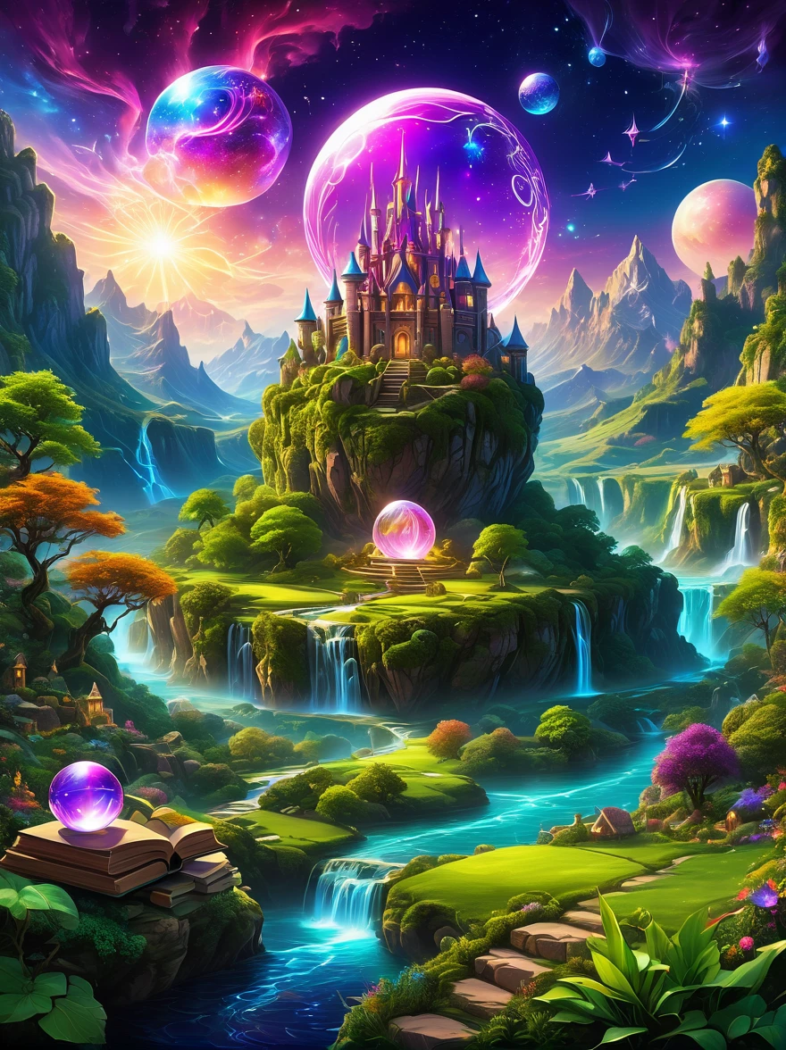 Magical World，Old and mysterious castle，Purple Stone，gemstone decoration，glowing plant，Silver Creek，Colored clouds，Strange Creatures，Huge Magic Library，Rich collection of books，Magic fluctuations，crystal ball，Distant galaxies，Field of magic，Studying Magicians，Glowing magic symbol，Land of dreams，Time and space distortion，A river of light，Enchanted garden, Ultrawideshot, Upview, KneeShot(KS), Full Length Shot(FLS), high detail, high resolution, hyperquality, detailed, Hyperrealism, 