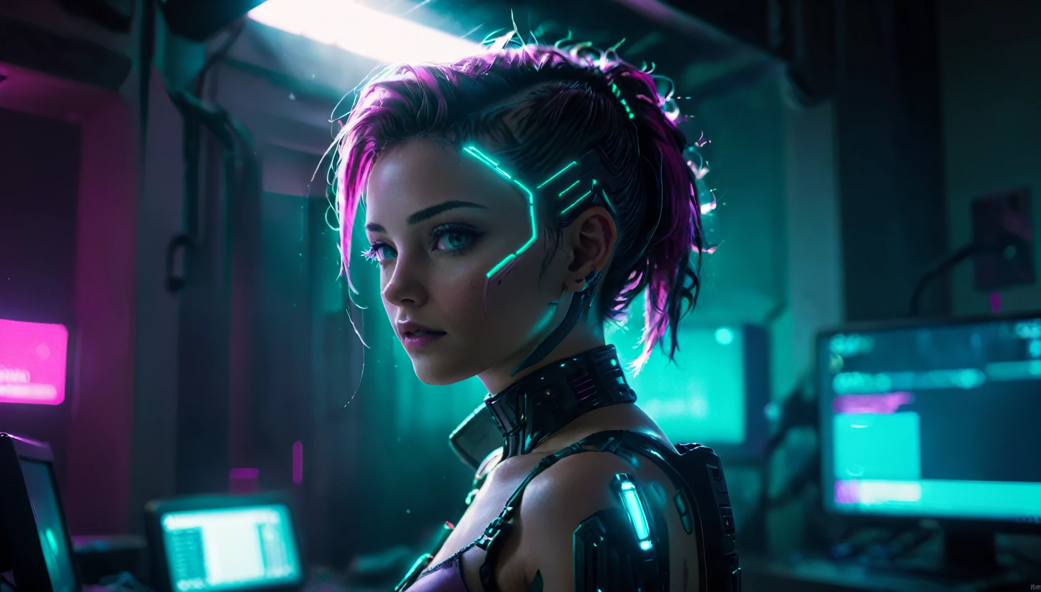 uma pintura de vou ficar em casa e jogar cyberpunk no meu computador, realces magenta e classificação de cores azul-petróleo, foto de retrato, film, iluminação de estúdio, pele detalhada, ultra realistic, Bokeh, feições marcantes, 4K, retroiluminado, Silhueta, Voga, (raios de deus:2) 