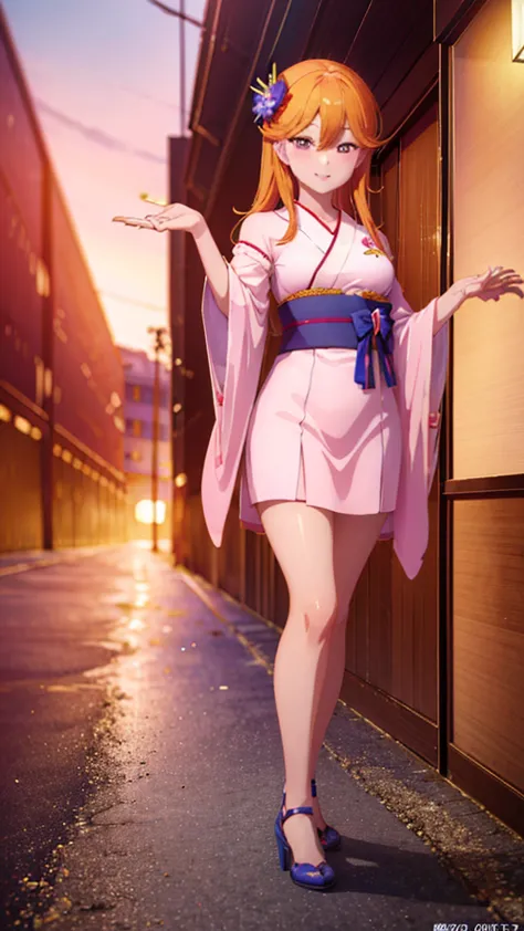 anime girl in kimono outfit posing for camera in courtyard, seductive anime girl, hanayamata, ayaka genshin impact, smooth anime...