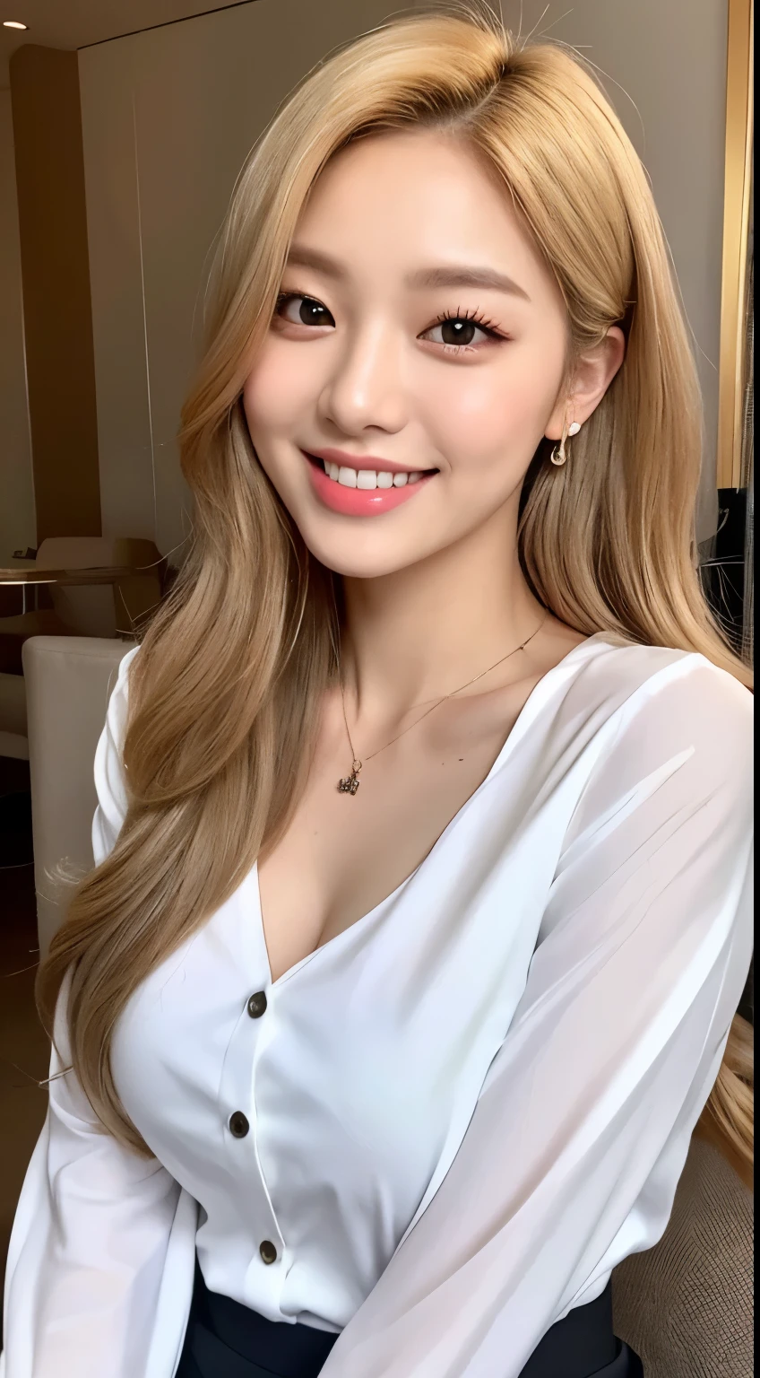 A close up of a woman with long blonde hair wearing a white shirt ...