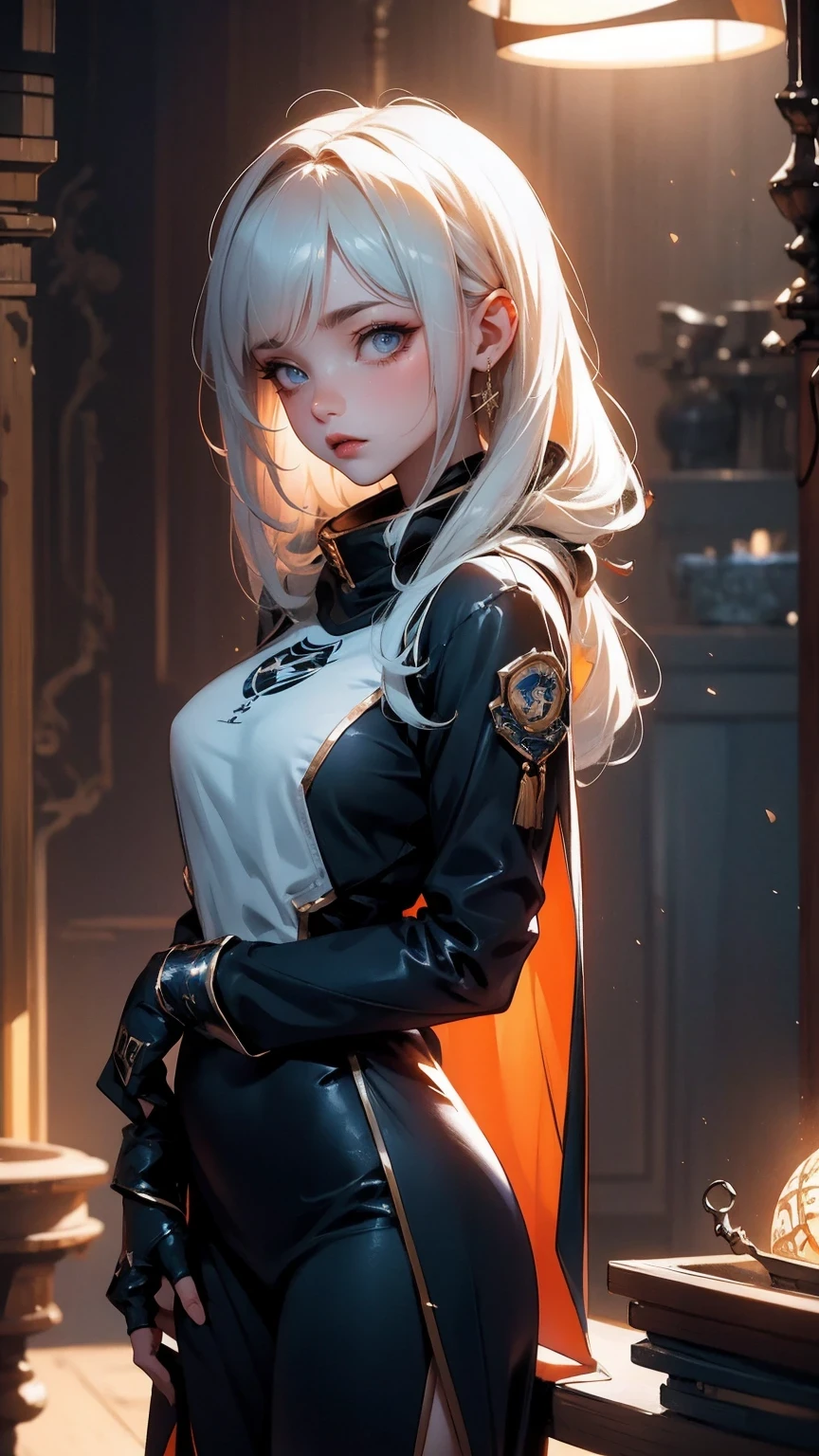 Cute Girl, Woman 25 years old beautiful astronaut 1950 , dark blue eyes, orange clothes，Metallic white details, cinematic, photo shoot, half backlight, backlight, dramatic lighting , incandescent lamp, soft light, Extremely detailed and complex, ultra minimalist, non-stylistic art by guweiz, elegant posture, Dynamic, photography, Volumetric , Super detailed, intricate details, guweiz&#39;s ultra-detailed first work, future environment