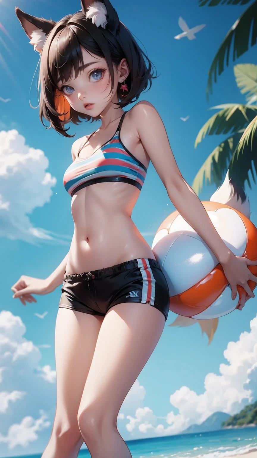 Cute Girl, masterpiece,high resolution, shorts, 1 girl, ball, Tail,animal_ear, swimsuit, short_shorts, striped, bikini, fox_ear, alone, fox_Tail, striped_bikini