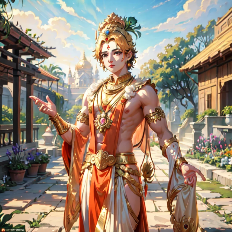 1boy, animekrishna, charismatic face, garden background, golden warrior costume, golden head crown with peacock feather, handsome, charismatic face , garland, muscular body, Cute and adorable cartoon, fantasy, dreamlike, surrealism, super cute, trending on artstation