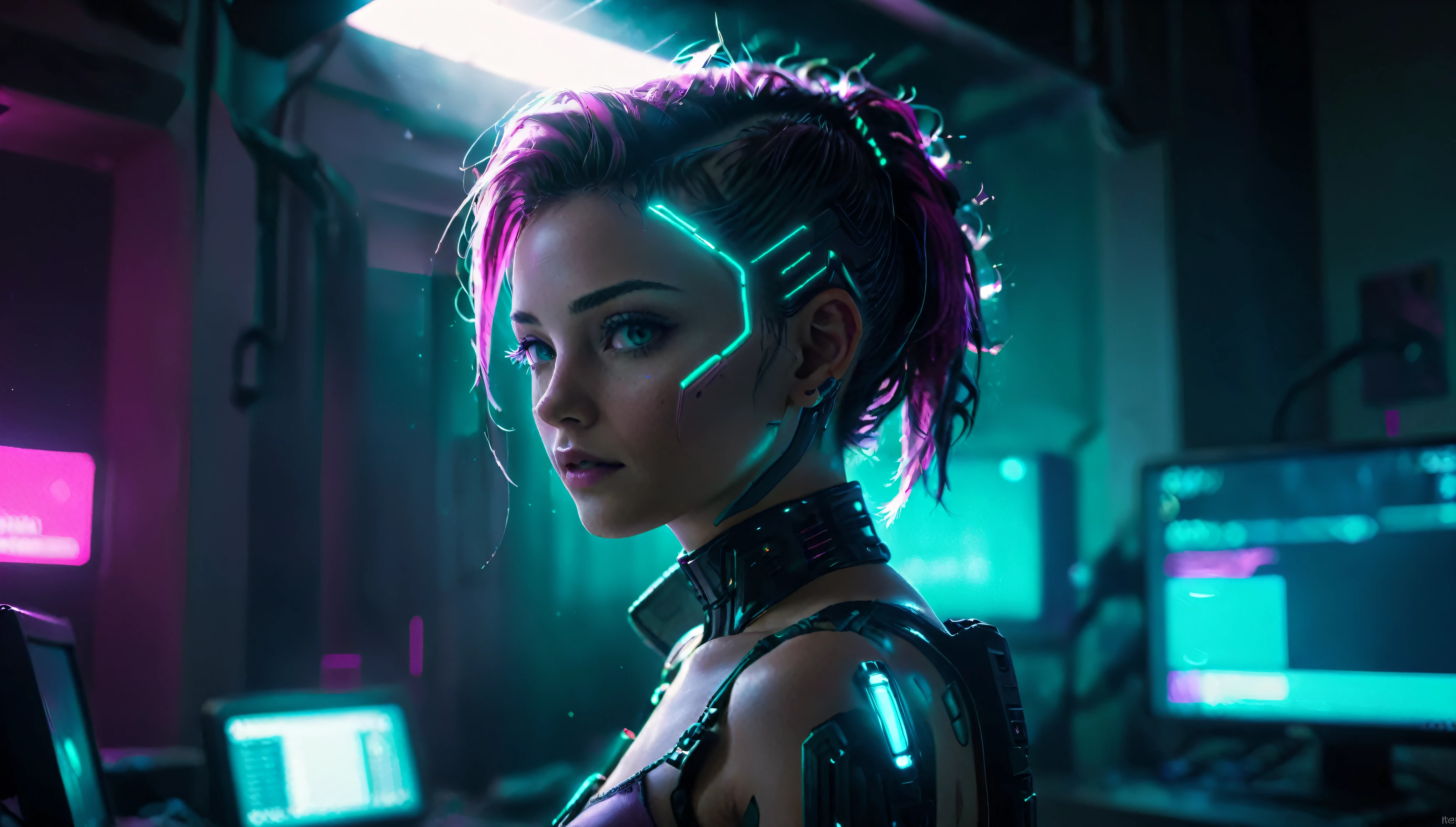 ein Gemälde von „Ich bleibe einfach drinnen und spiele Cyberpunk auf meinem Computer“, Magenta-Highlights und blaugrüne Farbkorrektur, Porträtfoto, Film, Studiobeleuchtung, detaillierte Haut, ultra-realistisch, bokeh, Scharfe Funktionen, 4k, Hintergrundbeleuchtung, Silhouette, Mode, (göttliche Strahlen:2) 