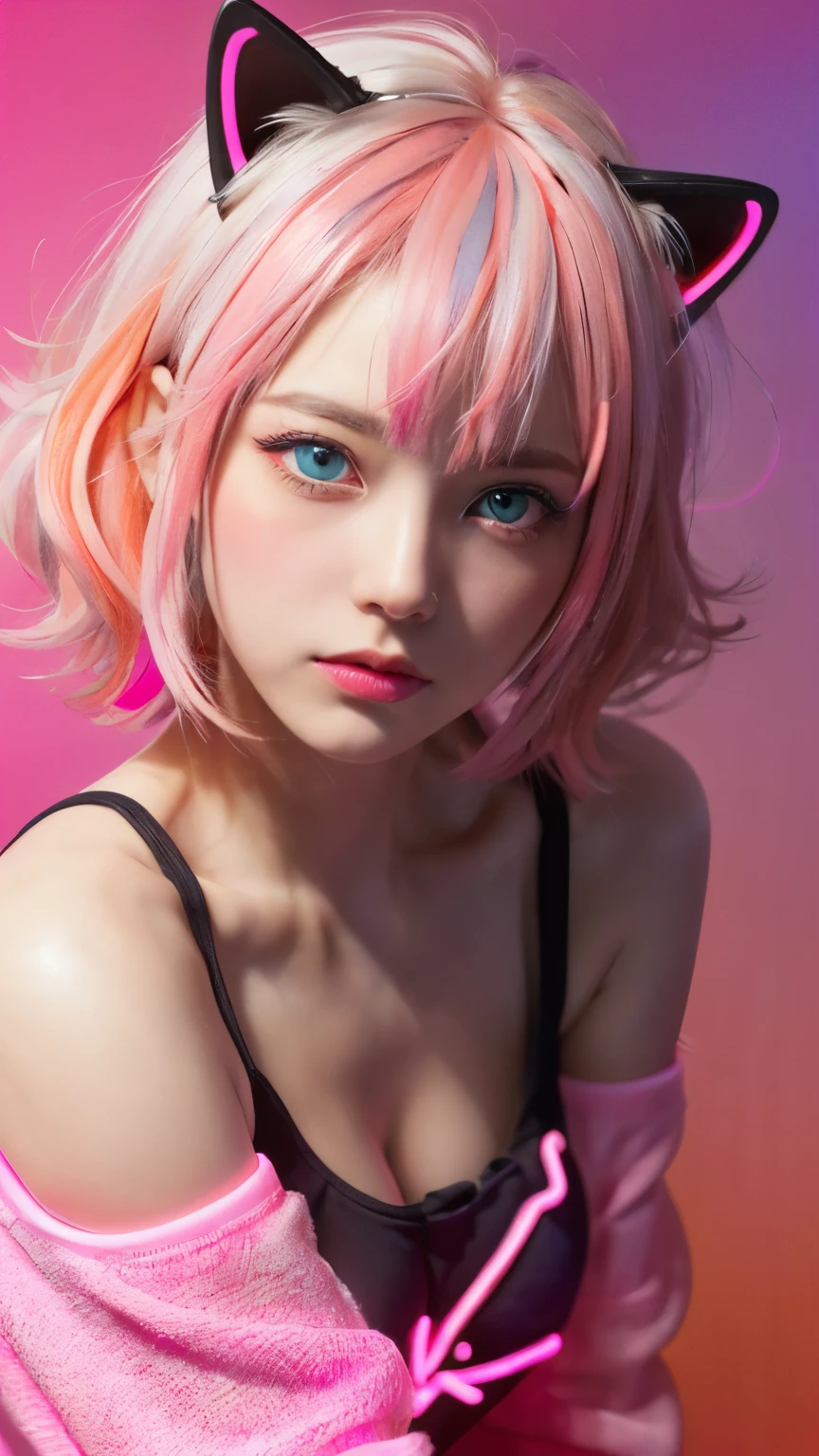 (tema rosa neon:1.2), Obra de arte, mais alta qualidade, 4K, (realista), bokeh, Iluminação,(1 retrato perfeito de uma menina), (Um olhar fascinante para detalhes perfeitos:1.2), cabelo colorido, (cabelo gradiente), (cabelo macio rosa neon:1.6), (orelha de gato:1.2), fundo de fantasia, (ombros nus expostos), (Manga de alienação de longo prazo), (incline-se um pouco para a frente), inclinar a cabeça, (iluminação de filme:1.2), roupas grandes, (pose sedutora:1.4), (fundo rosa néon:1.6), lindos olhos azuis, fechar,