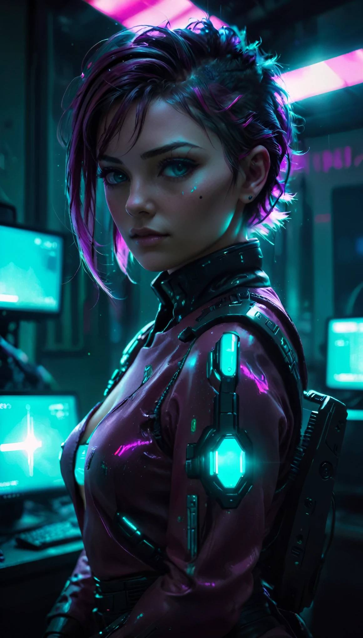 a painting of i'm just going to stay inside and play cyberpunk on my computer, magenta highlights and teal color grading, portrait photo, film, studio lighting, detailed skin, ultra realistic, bokeh, sharp features, 4k, backlit, silhouette, vogue, (god rays:2) 