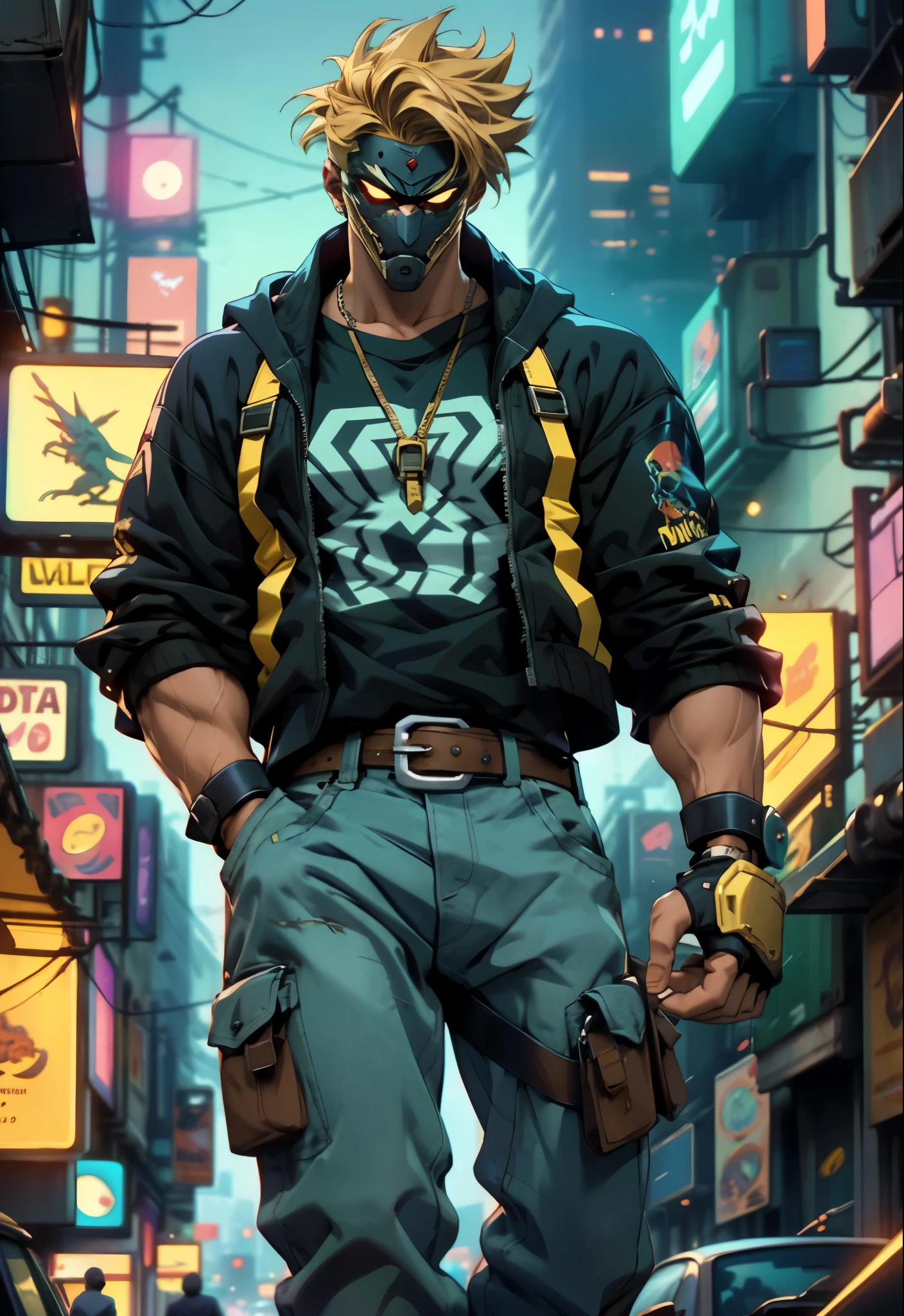 An adult man with tousled and messy dark blonde hair, a metallic beast concept mask covering his entire face, full mask, cold and penetrating gaze, a sturdy physique, a loose cyberpunk-style short jacket over a T-shirt, metal wrist guards, a belt around his waist, loose utility pants, adopting a relaxed posture within the cyberpunk-style city, city night view, this character embodies a finely crafted cyberpunk-style masked warrior in anime style, exquisite and mature manga art style, high definition, best quality, highres, ultra-detailed, ultra-fine painting, extremely delicate, professional, perfect body proportions, golden ratio, anatomically correct, symmetrical face, extremely detailed eyes and face, high quality eyes, creativity, RAW photo, UHD, 32k, Natural light, cinematic lighting, masterpiece-anatomy-perfect, masterpiece:1.5