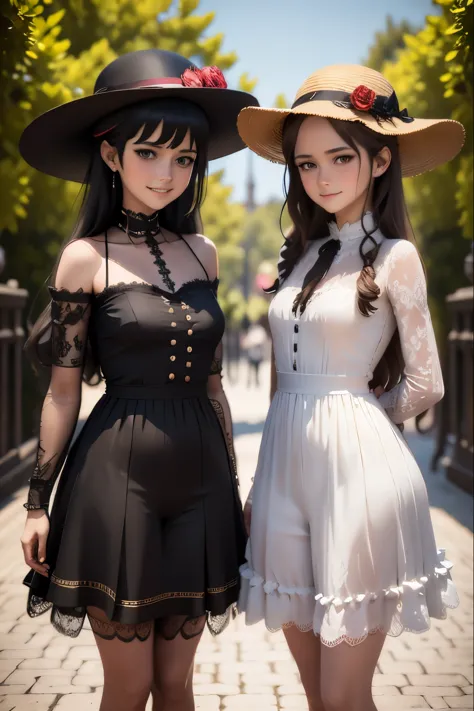 two european young girls in dresses and hats posing for a picture, artwork in the style of guweiz, realistic anime 3 d style, 3 ...