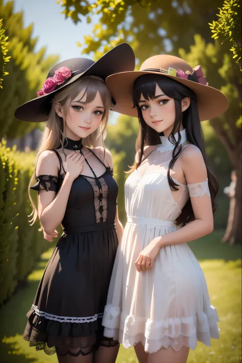 two european young girls in dresses and hats posing for a picture, artwork in the style of guweiz, realistic anime 3 d style, 3 ...