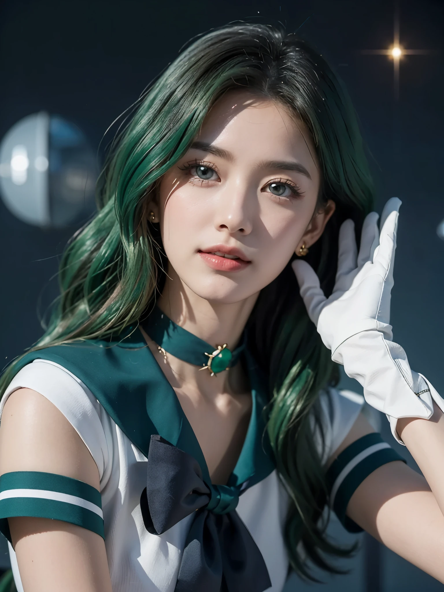 space background, ((HD Real, Sama1 level)), extreme real, masterpiece, best quality, high quality, Sama1, space, amazing beauty, upper body shot, 1 girl, chest, Gloves, Lips, alone, Sailor Neptune, aqua blue eyes, uniform, See more1, tiara, 세일러 센시 uniform, (RAW photos, best quality), masterpiece, Floating dark green hair, Green Sailor Color, curtsey, choker, 흰 Gloves, green choker, elcurtsey gloves, bijouterie, earring, green skirt, Outsole, whole body, dark green medium hair, (perfect hands): 3.8, octane rendering, Goddess of the Sea, (enlargement: 1.2) beautiful eyes in detail, enlargement, small eyes, look at the viewer, to8 contrast style, octane line art, space background, Neptune, sea effect, green, soft smile, Squint your eyes with a smile, hands down, earth background,masterpiece, 4K, very detailed, enlargement, 1 girl, Sailor Neptune, aqua blue eyes, 짙은 green 머리카락, medium hair, (Sailor Neptune uniform:1.1), plea skirt, curtsey, dynamic pose, best quality, masterpiece, high resolution, intricate details, (realistic)), photography, earring, bijouterie, 흰 Gloves, 중간 chest, whole body, 흰 Gloves, sailor collar, Sailor Neptune, clean skin,enlargement, 1 woman, Sailor Neptune, aqua eye, 짙은 green 머리카락,  pleated skirt, curtsey, dynamic posture, dynamic background, , best quality, masterpiece, high resolution, intricate details, (( realistic )), of the photo, earring, bijouterie, 흰 Gloves, 중간 chest, whole body, 흰 Gloves, sailor collar