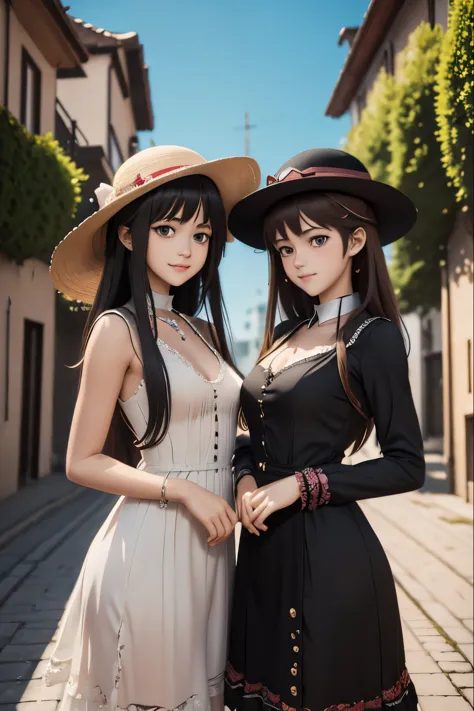 two european young girls in dresses and hats posing for a picture, artwork in the style of guweiz, realistic anime 3 d style, 3 ...