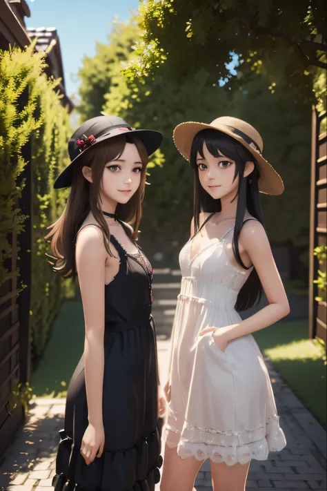 two european young girls in dresses and hats posing for a picture, artwork in the style of guweiz, realistic anime 3 d style, 3 ...