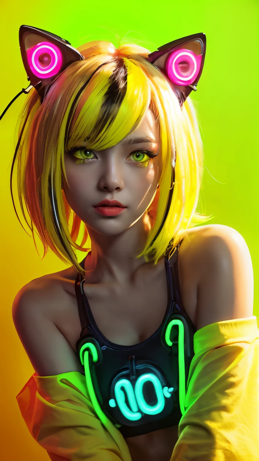 masterpiece, highest quality, 4K, Photorealistic, bokeh, enlightenment,1 perfect portrait of a girl, (A fascinating eye for perfect detail:1.2), colorful hair, (gradient hair), (neon yellow hair:1.6), (Cat ear:1.2), fantasy background, (exposed bare shoulders), (long-term alienation sleeve), (lean forward a little), head tilt, movie lighting, oversized clothes, (seductive pose:1.4), (neon yellow background:1.6), Red beautiful eyes, close up,