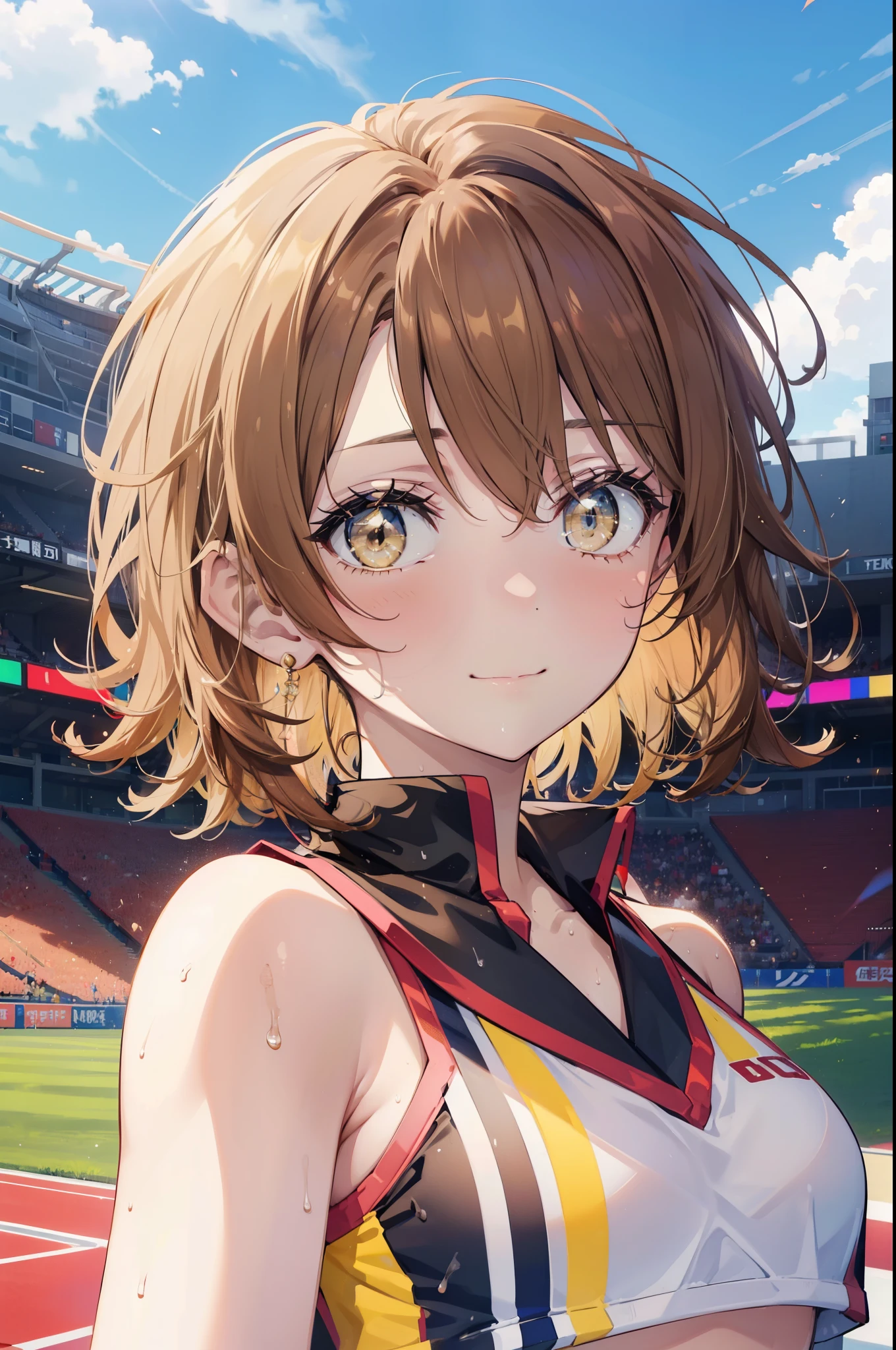 irohaisshiki, iroha isshiki, short hair, brown hair, (brown eyes:1.5), smile,happy smile, smile, open your mouth,(cheer leading), (whole body), big breasts, lower, (sweaty), sweaty Wet Clothes, (yellow clothes), , Navel support, playground, (jump), (jump), 足を曲げてjumpする, air, blue sky, Grass原, smile
チアリーダー, pom pom \(cheer leading\), Grass, smile, 
break outdoors,stadium,
break looking at viewer,
break (masterpiece:1.2), highest quality, High resolution, unity 8k wallpaper, (figure:0.8), (detailed and beautiful eyes:1.6), highly detailed face, perfect lighting, Very detailed CG, (perfect hands, perfect anatomy),