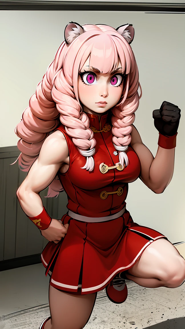  tiger_ears, tiger_tails, martial_art, medium_breast, pink_hair, skirt, jacket, godess,1girl,coat,standing,, solo focus.1character,,refsheet, character focus, 1character,fangs, closed_mouth,pink_hair, green_eyes, chinese_dress, tomboy,shoes, full_body, martial_pose_karate