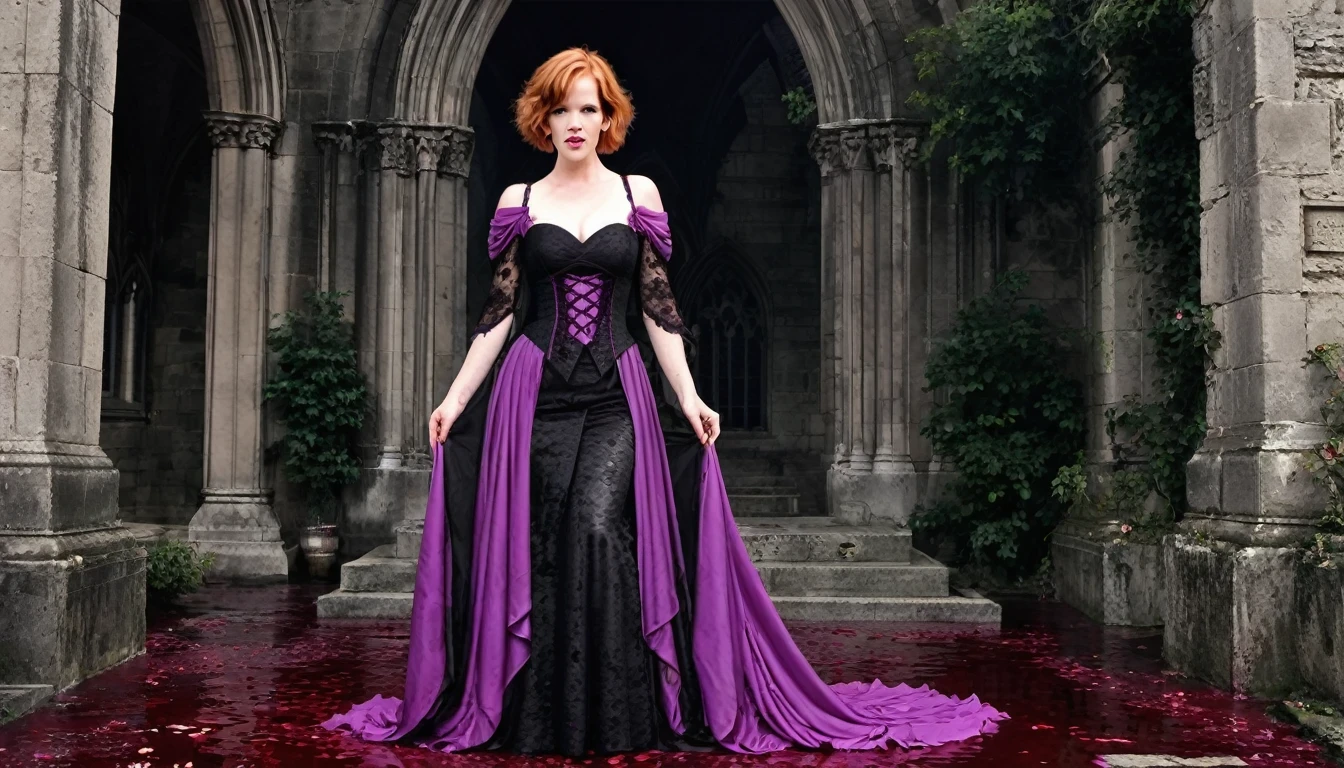 (Molly Ringwald) , （Messenger from hell：1.4），cross，a giant Blood-sucking ghost，View of sickle from below，hell，magma，flame，（purple flame：1.3），There is fresh Blood on the ground，Blood pool，dripping Blood，Gothic aesthetics，one、Rose、castle、cross、Blood、churchyard，The mystery of gothic style、solemn and profound，gothic style，gothic style lace clothes、Rose symbolizes romance、grave、Blood-sucking ghost、witch、ruins、gothic cathedral，Gothic symbols series