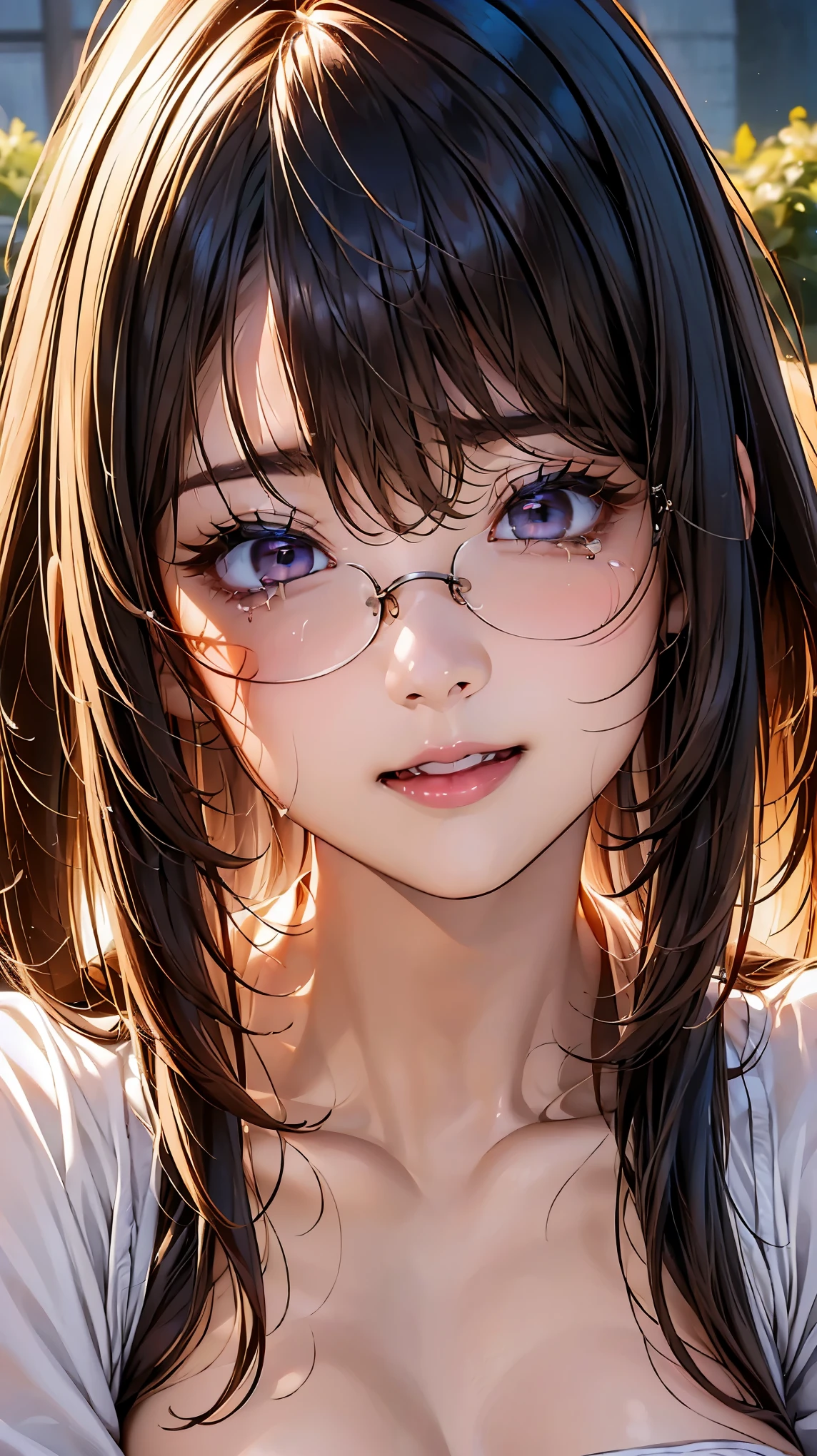 (NSFW:1.2), (8K, RAW photo, best image quality, masterpiece: 1.4), (Highly detailed CG Unity 8K wallpaper, highest quality, High resolution: 1.2), (ultra_be familiar with, UHD: 1.2), super highly be familiar with, (realistic, realistic: 1.48), 1 girl, focus only, light brown hair, long hair, side lock, bangs, ((dark purple eyes:1.4, round eyes, beautiful eyelashes)), clear eyes, Glasses, Big breasts, very big breasts, shiny hair,  beautiful be familiar with cold face, enchanting smile, Beautiful and delicate eyes with intricate details, very accurate details,  skin dents, outdoor, grassland, perfect face, be familiar with顔, perfect body, beautiful eyes, beautiful face,(face focus),(Portrait:1.5),beautiful clavicle,upward glance,crying face:1.2