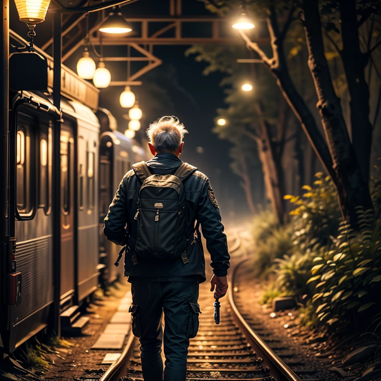 Realistic image of old man with a backpack and traveler's outfit, carrying a flashlight, walking along a train track in the middle of the night forest, night darkness, hunting weapons,