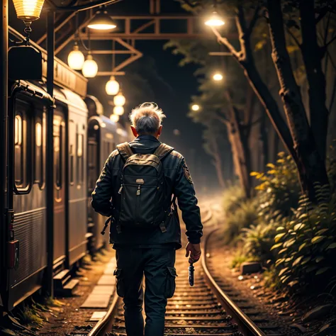 Realistic image of old man with a backpack and traveler's outfit, carrying a flashlight, walking along a train track in the midd...