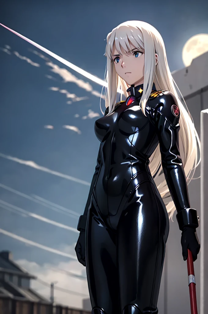  illyasviel_von_einzbern in the style of evangelion, shiny_skin, (clothe inspired by evangelion, aliens, gunbuster, gunnm, metal gear, death stranding), impossible_clothes, bodysuit, white & red bodysuit, suit, pilot suit, jumpsuit, plugsuit, armor, shiny_clothes, jacket, cybernetics suit, gloves, gainax anime style, studio gainax art, studio gainax illustration, inspired by Masamune Shirow, studio gainax, big breasts, two_side_up, full body, can't be this cute, girl on top, long_hair, white_hair, silver_hair, floating_hair, hair_between_eyes, asymmetrical hair, red_eyes, looking_at_viewer, outdoors, holding, holding_weapon, Spear of Longinus, cowboy_shot, background, glowing, moon, red, red moon, full_moon, moonlight, star_(sky), night, city, building, cityscape, science_fiction, ((mature female, mature, milf)), 