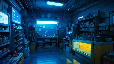 inside a small shop, no humans, no persons, at night, futuristic, blue