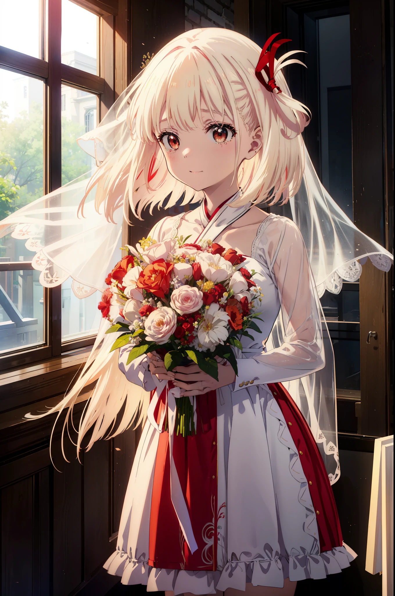 chisatonishikigi, Chisato Nishikigi, long hair, bangs, blonde hair, (red eyes:1.5), hair ribbon, one side up, tears run down her face,Crying with joy,blush,smile, open your mouth,Red Wedding Dress,veil,Red wedding skirt,bouquet,bouquetトス,holding a large bouquet of flowers in both hands,
break indoors, church,chapel,
break looking at viewer, (cowboy shot:1.5),
break (masterpiece:1.2), highest quality, High resolution, unity 8k wallpaper, (figure:0.8), (detailed and beautiful eyes:1.6), highly detailed face, perfect lighting, Very detailed CG, (perfect hands, perfect anatomy),