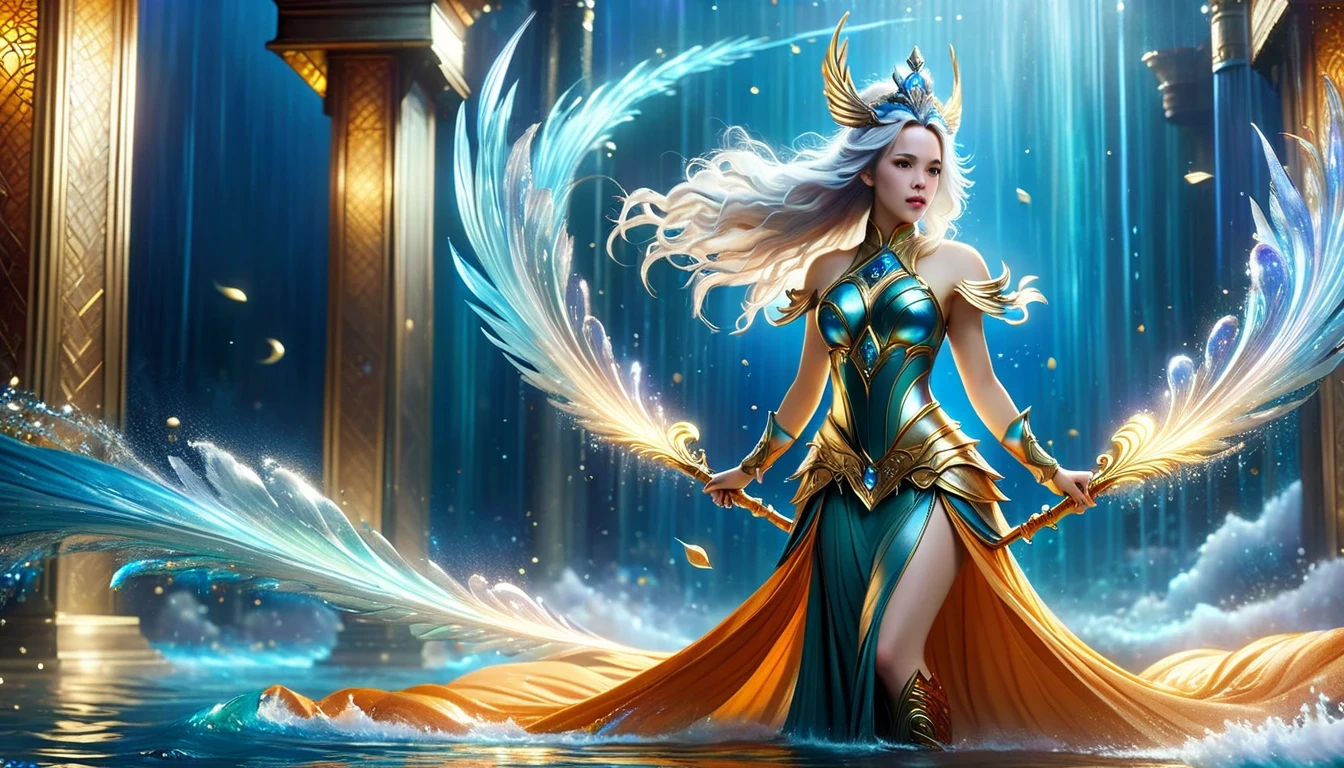 ((Rachel McAdams, (Age 22), de corpo inteiro), The skirt is long to the floor)), wearing long orange dress, wearing a crown and holding a sword, a majestic full-length angel, a beautiful celestial wizard, inspired by Lan Ying, a full body fairy, Mu Yanling, the queen of the sea, the mysterious Valkyrie Atlantis, Hirase Jinyao, inspired by Ju Lian, model iG |artgerm, like a mysterious Valkyrie.
