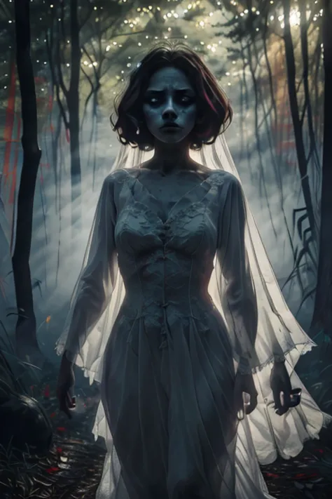 portrait, zombie (bride:1.2) in a creepy forest, floating, Wedding dress, alone (Ghost:0.8), Shadow, depressing, (Colorful ink p...