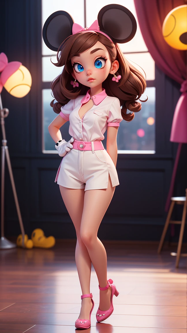 minnie mouse standing, Sexy beautiful face, doe shaped eyes, plump lips. slim, stunning beauty, energetic, Comprehensive movies, 8K, movie lighting, best quality, 4K, Perfect body, Perfect long legs, (white), ((pink clothes)), tiny body, slim, thin waist, long brown hair