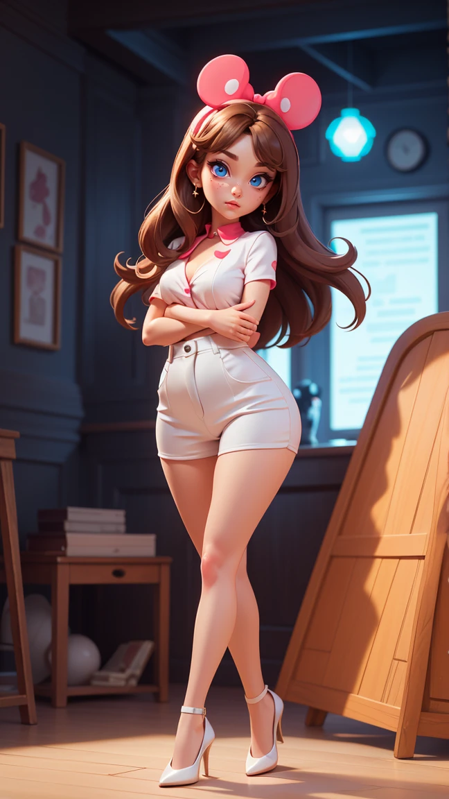 minnie mouse standing, Sexy beautiful face, doe shaped eyes, plump lips. slim, stunning beauty, energetic, Comprehensive movies, 8K, movie lighting, best quality, 4K, Perfect body, Perfect long legs, (white), ((red clothes)), tiny body, slim, thin waist, long brown hair