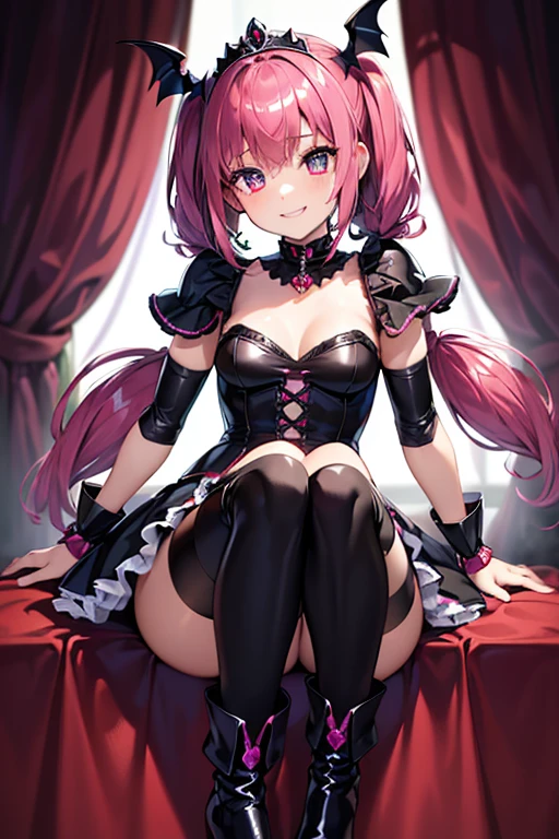 highest quality, super detailed,1 girl, alone, Cure Happy, pink hair, low twin tails, Black feather hair ornament, black skirt with ruffles, black tiara, wrist cuffs, purple shorts, shorts under skirt, boots, black enamel boots, evil smile, (shiny fabric:1.5), full body shot, purple gem, sitting, blush, devil&#39;s tail, (detailed and beautiful eyes:1.6), highly detailed face, perfect lighting, Very detailed CG, (perfect hands, perfect anatomy), devil&#39;s tail, red and black color scheme, shiny material, grin, black ribbon, black satin gloves, bat wing decoration, Black ruffles, jewelry, corruption, latex shine, black cloak, velvet curtains on background