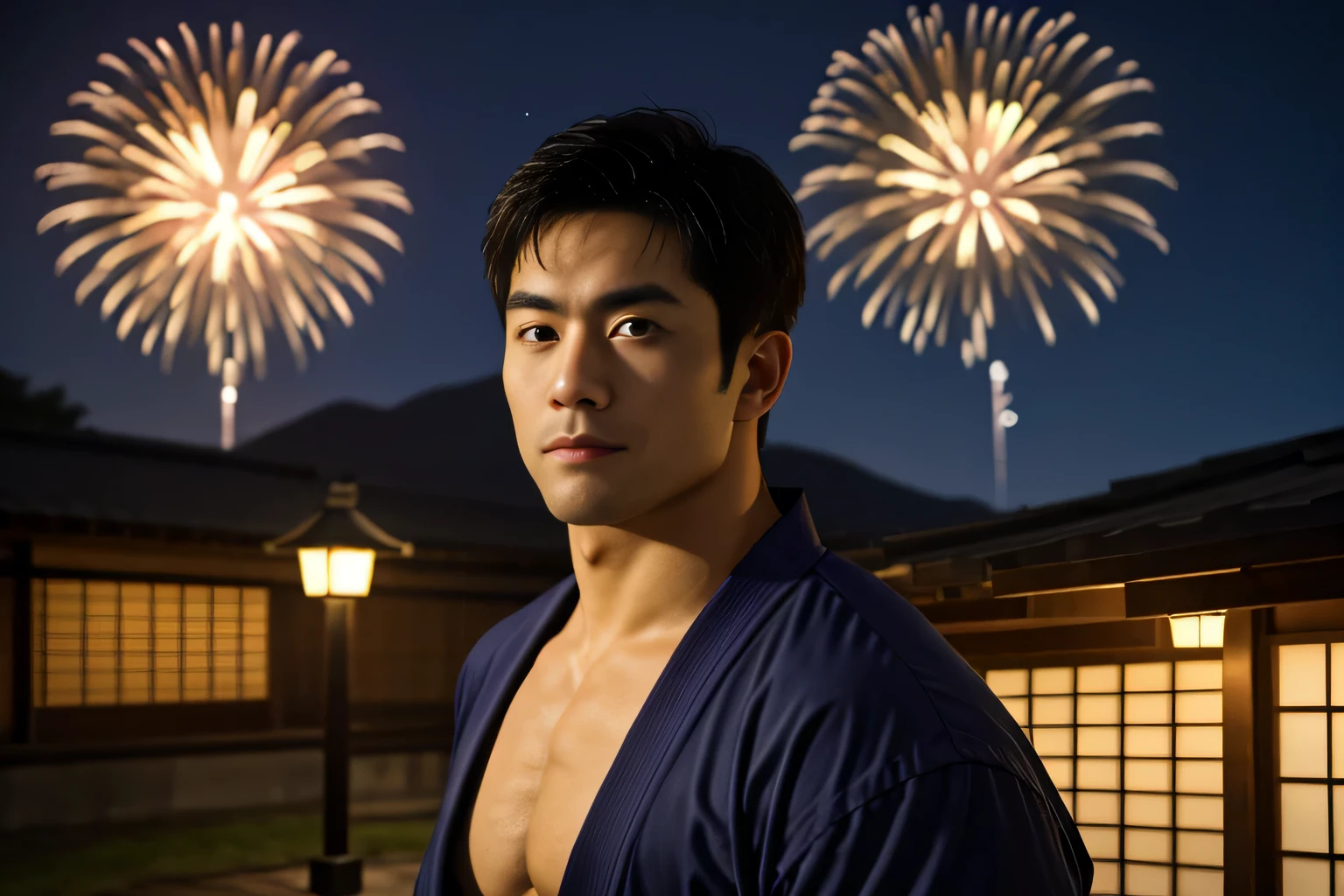 tiro de vaquero, protuberanciaJ8, retrato de TakumaKarate en la calle por la noche, (sonrisa afectada:0.8), traje de kimono masculino abierto que deja al descubierto sus pectorales y abdominales, (gran bulto) en sus pantalones de kimono, (mirando al espectador:1.3), casas tradicionales japonesas, decoraciones festivas, (linternas:0.8), cielo nocturno, (fuegos artificiales:1.05), Rural,
(Obra maestra), Calidad superior, mejor calidad, Fotorrealista, hyperrealism, (absurdos), enfoque nítido, dispersión subsuperficial, detalles intrincados, alta calidad, resolución ultra alta, 8k, uhd, HDR, Toma réflex digital, 35mm, fotografía profesional, CRUDO
