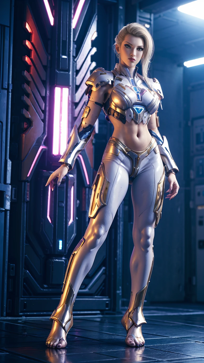 A WOMAN, BEAUTIFUL FACE, RGB, WHITE, GOLD, PURPLE, MECHA ARMOR FULL SUIT, TRANSPARANT, TALL LEGS, STANDING, BAREFOOT, MIDRIFF EXPOSED