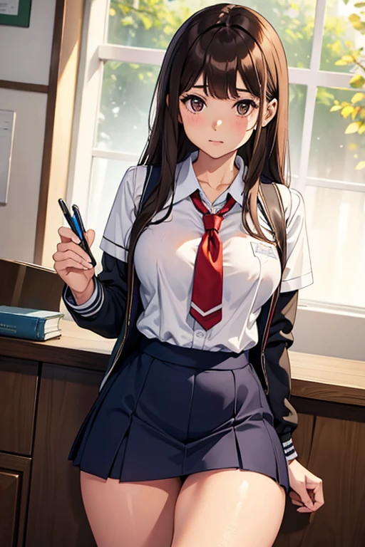 brown hair brown eyed school girl in a tight school girl uniform on and has e cups with thick thighs