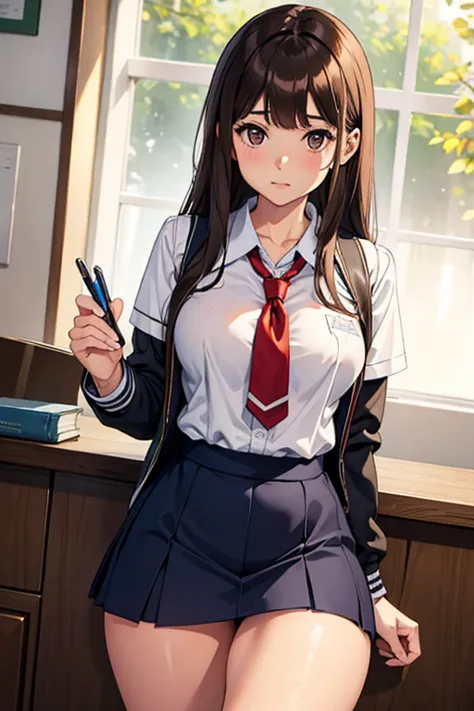 brown hair brown eyed school girl in a tight school girl uniform on and has e cups with thick thighs