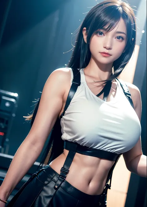 (photorealistic: 1.4), top quality, very delicate and beautiful, high resolution, 1girl, tifa_lockhart, smile, cowboy shot, susp...