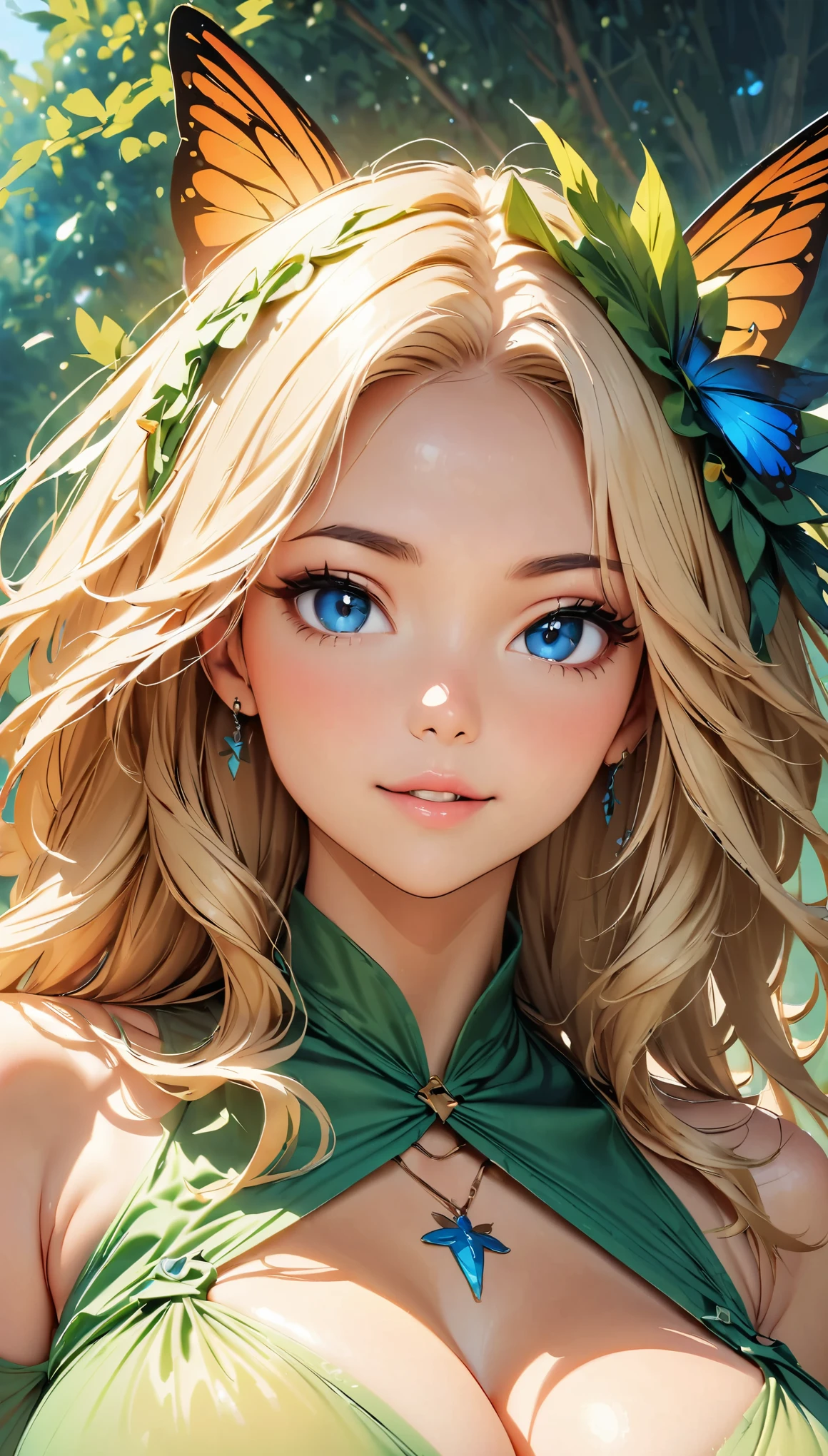 (highest quality, 4k, 8K, High resolution, masterpiece:1.2), Super detailed, high contrast, masterpiece:1.2, best quality, best aesthetics, Portrait, Ukrainian forest fairies, sweet, Bewitching, charm, Mature charm, giga_busty, blonde, blue eyes, smooth skin, 1 girl, pretty girl , Green sheer dress:1.2, spirit of the wind, Flowers flutter, By the spring, big breasts, cowboy shot, Super detailedな顔, fine eyes,