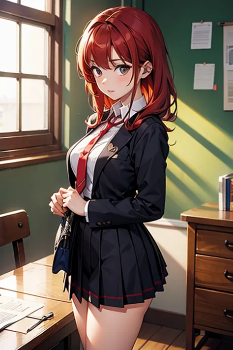 red hair black eyed school girl in a tight school girl uniform on and has e cups with thick thighs