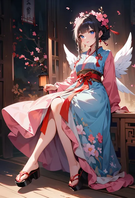 Chinese style fairy, black hair and blue eyes, wearing gorgeous Hanfu with pink flowers on her head, white wings behind the back...